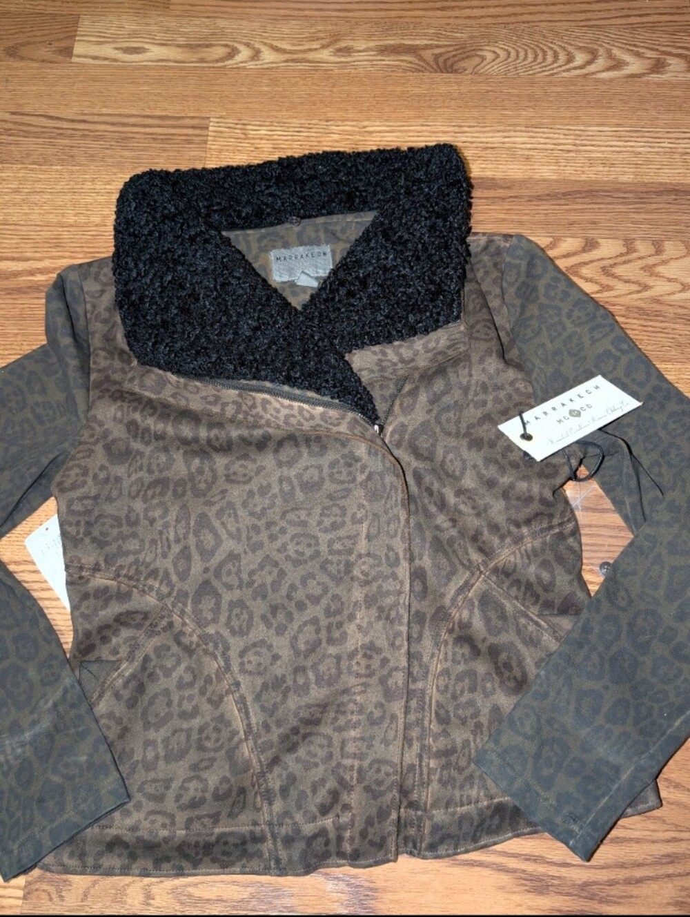Marrakech Leopard Moto Jacket with Removable Sherpa Collar Size Small